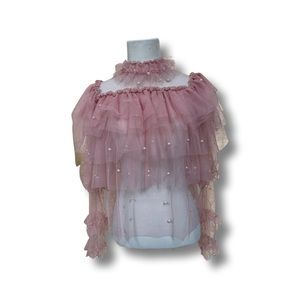 Pink sheer ruffle top with pearl accents. Size small